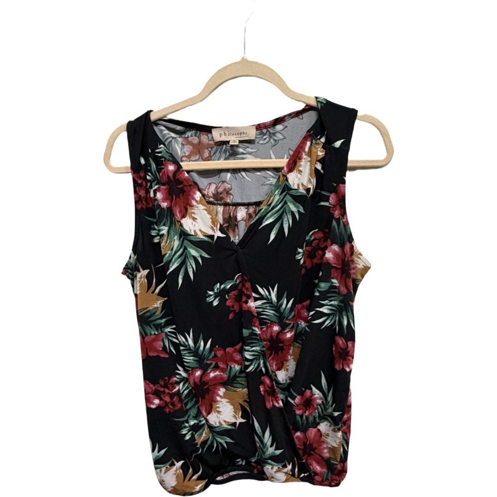 Philosophy Clothing Tropical Floral Faux Wrap Sleeveless Blouse Black Top Size M